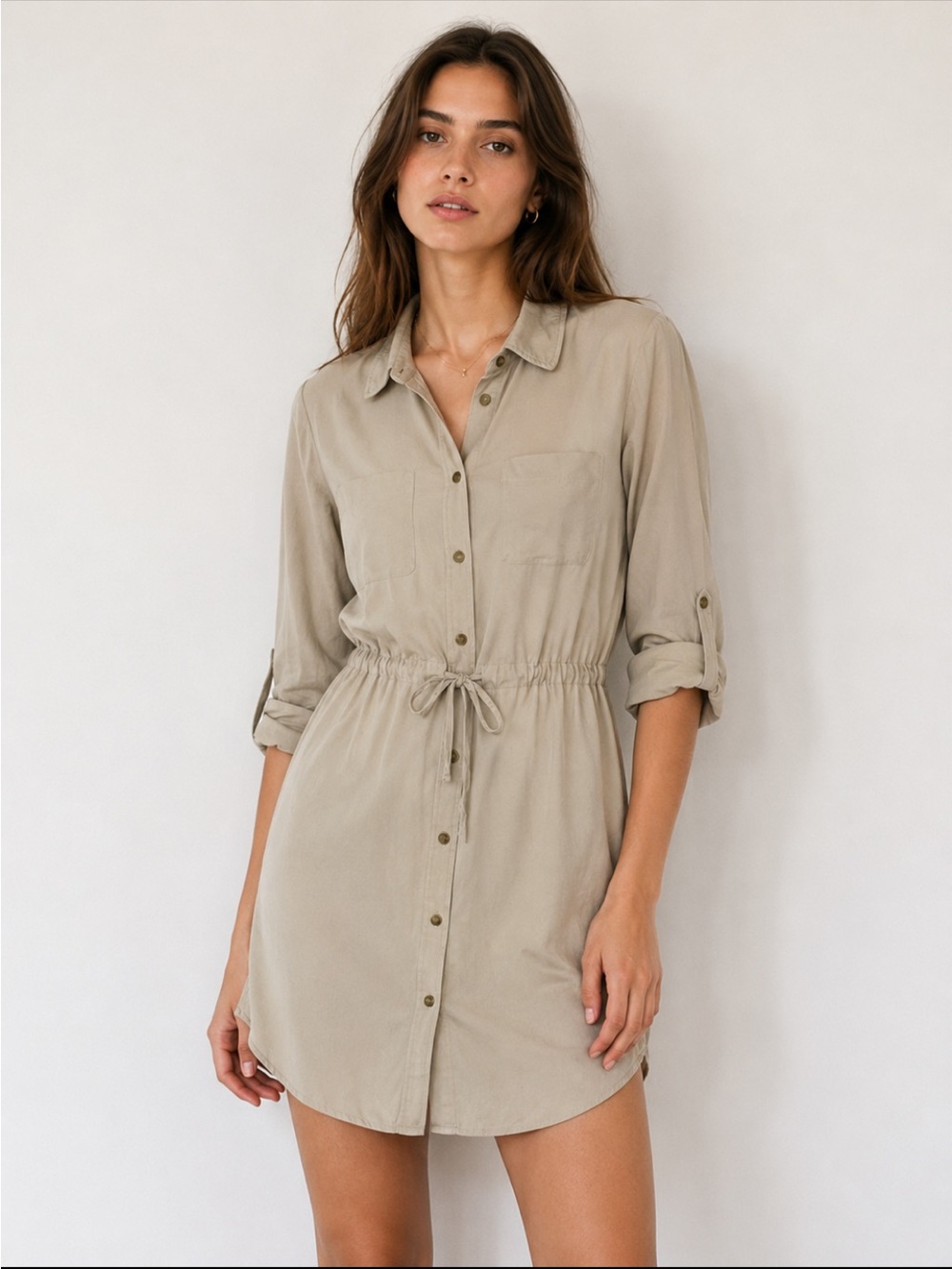 Adam Lippes Long Sleeve Tan Silk Button  Drawstring Waist Shirt Dress Preppy